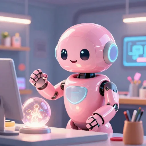 A cheerful pink maintenance robot tending a glowing AI art studio, soft cinematic light, polished illustration, production marker cutedslcanary17900652253e155e