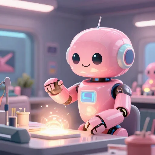 A cheerful pink maintenance robot tending a glowing AI art studio, soft cinematic light, polished illustration, production marker cutedslcanary17916582512252ad
