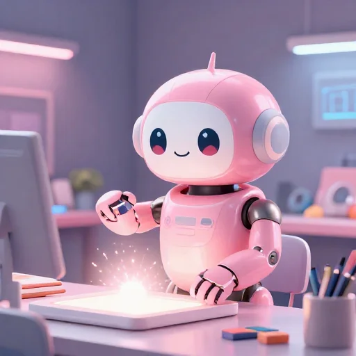 A cheerful pink maintenance robot tending a glowing AI art studio, soft cinematic light, polished illustration, production marker cutedslcanary1788857657b38b21