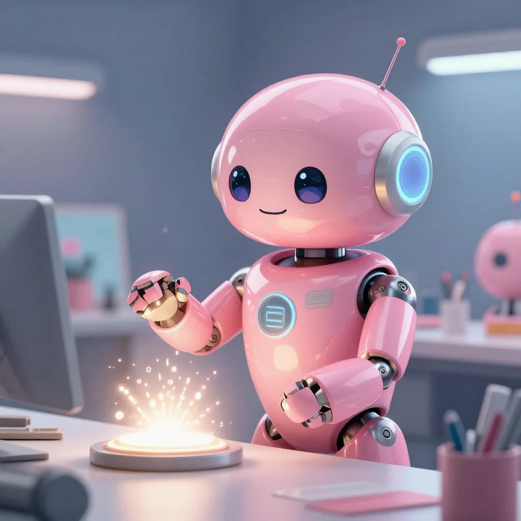A cheerful pink maintenance robot tending a glowing AI art studio, soft cinematic light, polished illustration, production marker cutedslpostdeploy10241786582009a64239