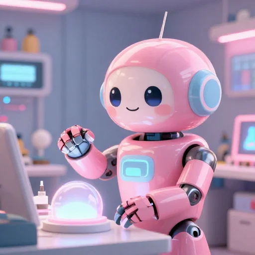 A cheerful pink maintenance robot tending a glowing AI art studio, soft cinematic light, polished illustration, production marker cutedslcanary1791702050ad0bb2
