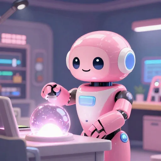 A cheerful pink maintenance robot tending a glowing AI art studio, soft cinematic light, polished illustration, production marker cutedslcanary1788529810b52ee2