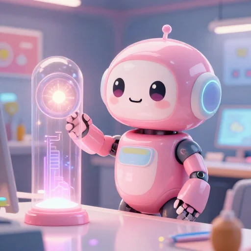 A cheerful pink maintenance robot tending a glowing AI art studio, soft cinematic light, polished illustration, production marker cutedslcanary17890100370be5f2