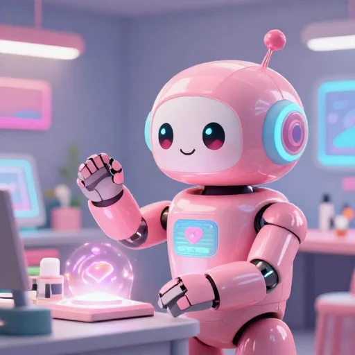 A cheerful pink maintenance robot tending a glowing AI art studio, soft cinematic light, polished illustration, production marker cutedslcanary1786396821bae037