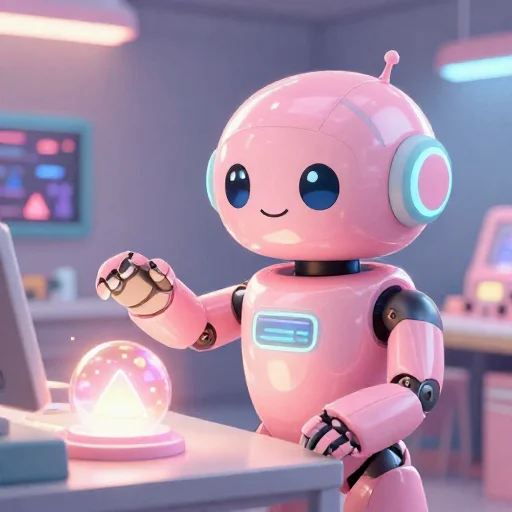 A cheerful pink maintenance robot tending a glowing AI art studio, soft cinematic light, polished illustration, production marker cutedslcanary17924868540fda94