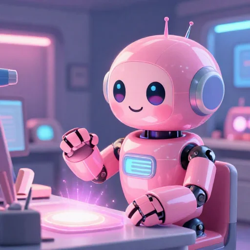 A cheerful pink maintenance robot tending a glowing AI art studio, soft cinematic light, polished illustration, production marker cutedslcanary178872729658a189