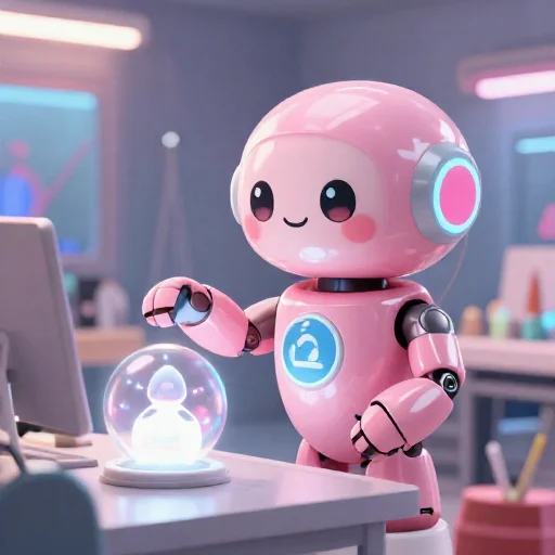 A cheerful pink maintenance robot tending a glowing AI art studio, soft cinematic light, polished illustration, production marker cutedslcanary17925087321a3648