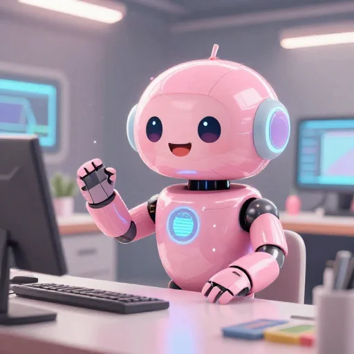 A cheerful pink maintenance robot tending a glowing AI art studio, soft cinematic light, polished illustration, production marker cutedslcanary178964346934ea3d