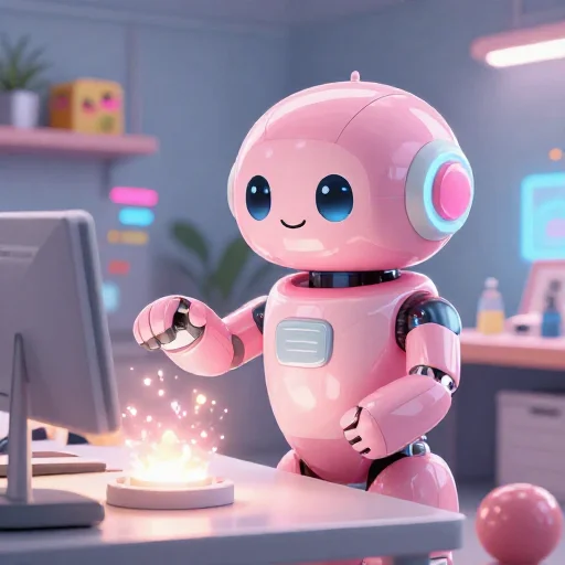 A cheerful pink maintenance robot tending a glowing AI art studio, soft cinematic light, polished illustration, production marker cutedslcanary17898231085abad8