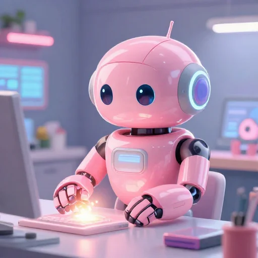 A cheerful pink maintenance robot tending a glowing AI art studio, soft cinematic light, polished illustration, production marker cutedslcanary1788224879bf5584