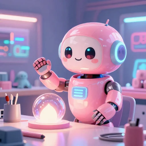 A cheerful pink maintenance robot tending a glowing AI art studio, soft cinematic light, polished illustration, production marker cutedslcanary178909732719e27f