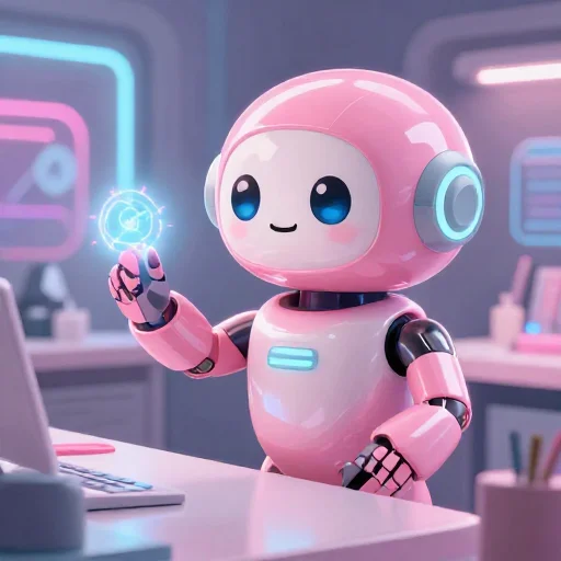 A cheerful pink maintenance robot tending a glowing AI art studio, soft cinematic light, polished illustration, production marker cutedslcanary178731929289b656