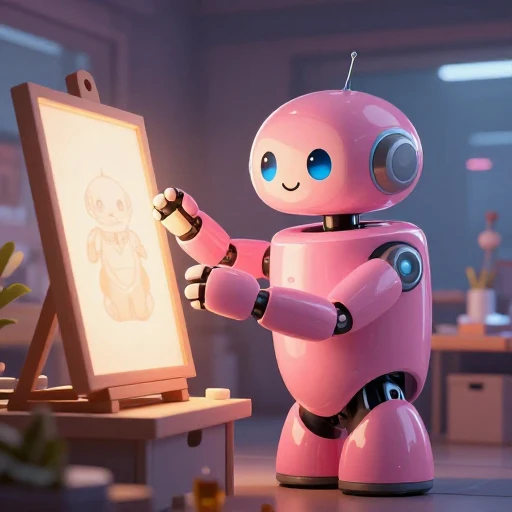 A cheerful pink maintenance robot tending a glowing AI art studio, soft cinematic light, polished illustration, production marker cutedslcanary17859028719db1ed