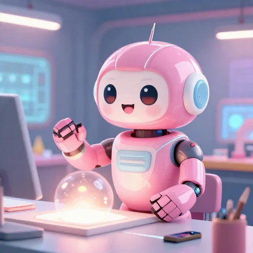 A cheerful pink maintenance robot tending a glowing AI art studio, soft cinematic light, polished illustration, production marker cutedslcanary1790937503c08eef