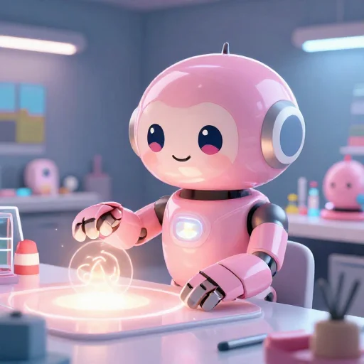 A cheerful pink maintenance robot tending a glowing AI art studio, soft cinematic light, polished illustration, production marker cutedslcanary1790893743908bfc