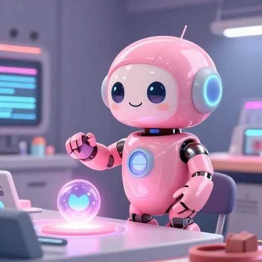 A cheerful pink maintenance robot tending a glowing AI art studio, soft cinematic light, polished illustration, production marker cutedslcanary17883774283f6e15