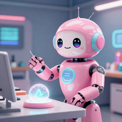 A cheerful pink maintenance robot tending a glowing AI art studio, soft cinematic light, polished illustration, production marker cutedslcanary17864995518e6f7c