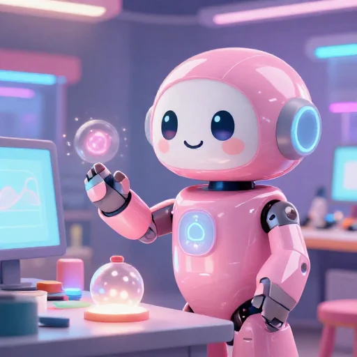 A cheerful pink maintenance robot tending a glowing AI art studio, soft cinematic light, polished illustration, production marker cutedslcanary1786581204f37b51