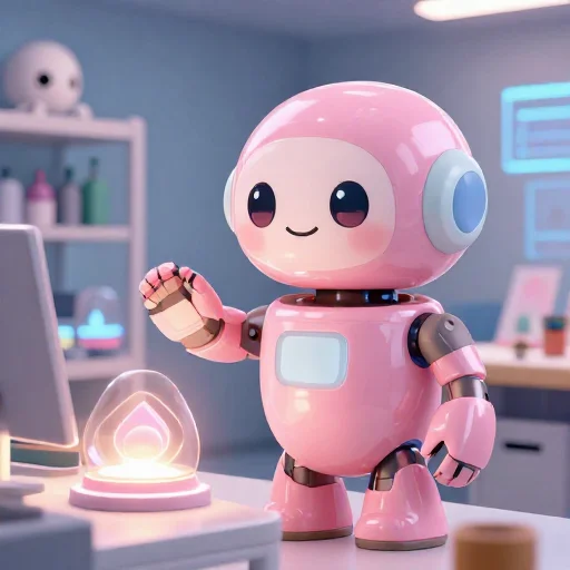 A cheerful pink maintenance robot tending a glowing AI art studio, soft cinematic light, polished illustration, production marker cutedslcanary179065332439f92a
