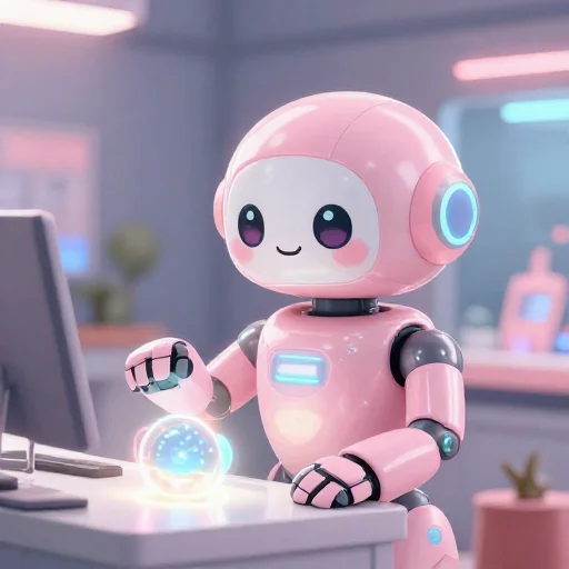 A cheerful pink maintenance robot tending a glowing AI art studio, soft cinematic light, polished illustration, production marker cutedslcanary179119929217711d