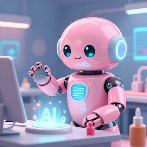 A cheerful pink maintenance robot tending a glowing AI art studio, soft cinematic light, polished illustration, production marker cutedslcanary179109023552a9d1