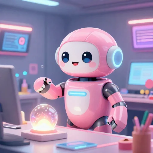 A cheerful pink maintenance robot tending a glowing AI art studio, soft cinematic light, polished illustration, production marker cutedslcanary1787897979858a6b