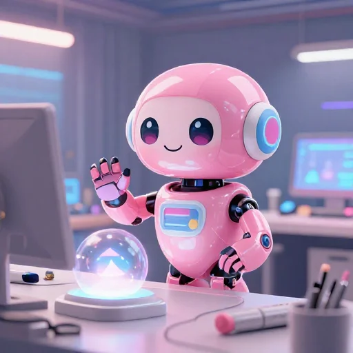 A cheerful pink maintenance robot tending a glowing AI art studio, soft cinematic light, polished illustration, production marker cutedslcanary1787810922de633b