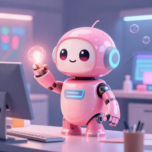A cheerful pink maintenance robot tending a glowing AI art studio, soft cinematic light, polished illustration, production marker cutedslcanary179001218120c983