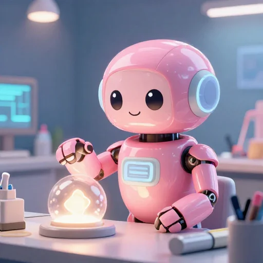 A cheerful pink maintenance robot tending a glowing AI art studio, soft cinematic light, polished illustration, production marker cutedslcanary17880067863dcb36