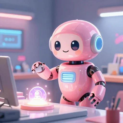 A cheerful pink maintenance robot tending a glowing AI art studio, soft cinematic light, polished illustration, production marker cutedslcanary1792050630568809