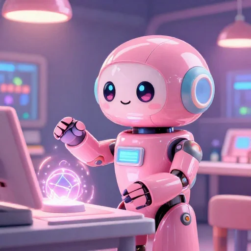 A cheerful pink maintenance robot tending a glowing AI art studio, soft cinematic light, polished illustration, production marker cutedslcanary1792290648983781