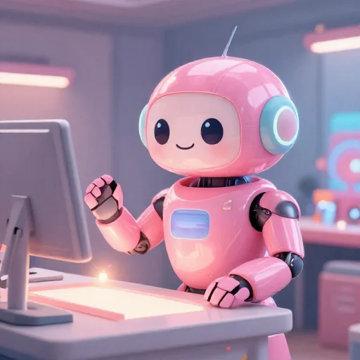 A cheerful pink maintenance robot tending a glowing AI art studio, soft cinematic light, polished illustration, production marker cutedslpostfix1788660878