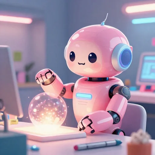 A cheerful pink maintenance robot tending a glowing AI art studio, soft cinematic light, polished illustration, production marker cutedslcanary1786628640101c17