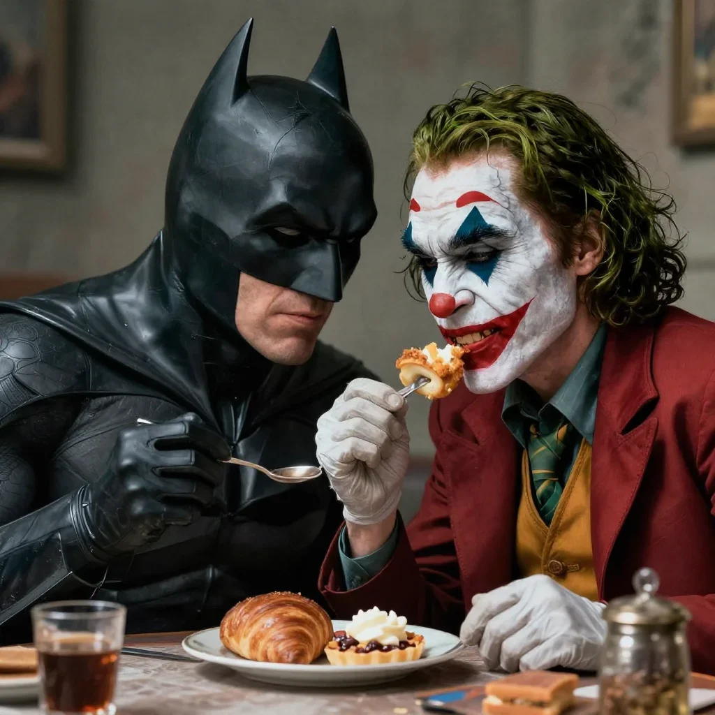 portrait of Batman eating breakfast ，Next to the head of the joker is placed，By Emmanuel Lubezki

Created with https://cutedsl.cc/gallery