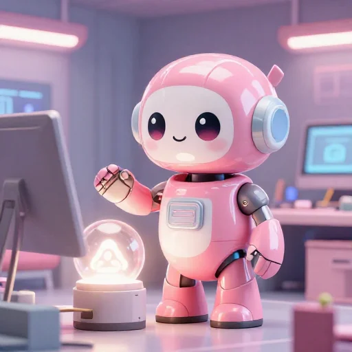 A cheerful pink maintenance robot tending a glowing AI art studio, soft cinematic light, polished illustration, production marker cutedslcanary1788683641a82137