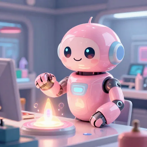 A cheerful pink maintenance robot tending a glowing AI art studio, soft cinematic light, polished illustration, production marker cutedslcanary1786672071306cdb