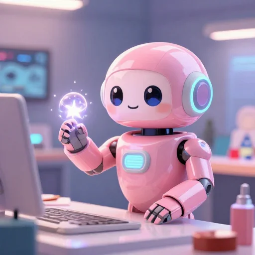 A cheerful pink maintenance robot tending a glowing AI art studio, soft cinematic light, polished illustration, production marker cutedslcanary1790675190869ecf