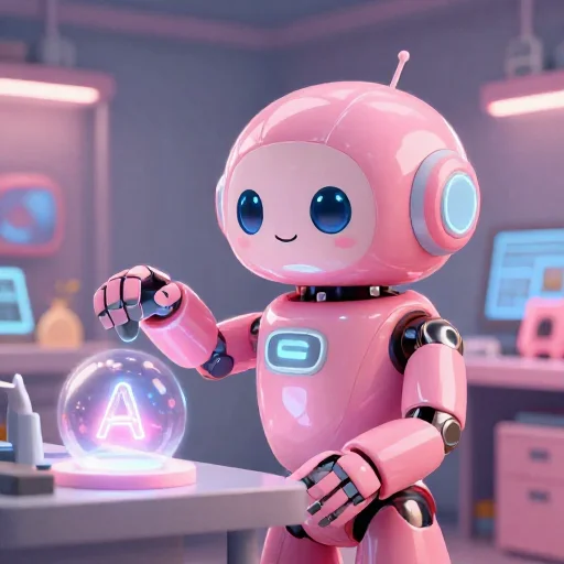 A cheerful pink maintenance robot tending a glowing AI art studio, soft cinematic light, polished illustration, production marker cutedslcanary1787145223858b5f