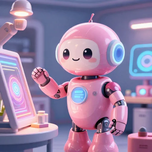 A cheerful pink maintenance robot tending a glowing AI art studio, soft cinematic light, polished illustration, production marker cutedslcanary1788028749f8a6f1