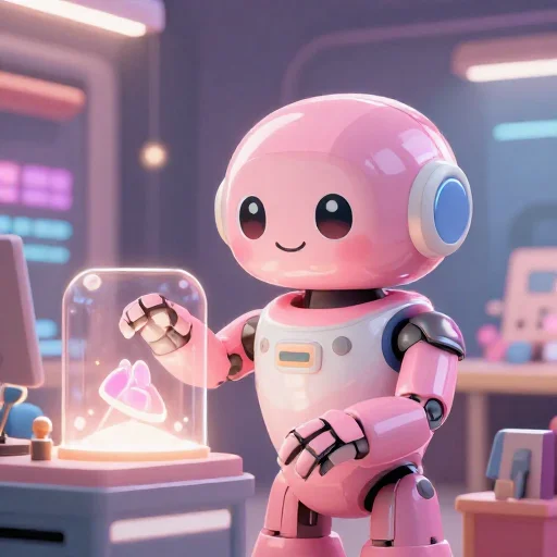 A cheerful pink maintenance robot tending a glowing AI art studio, soft cinematic light, polished illustration, production marker cutedslcanary17912429751f4bfa