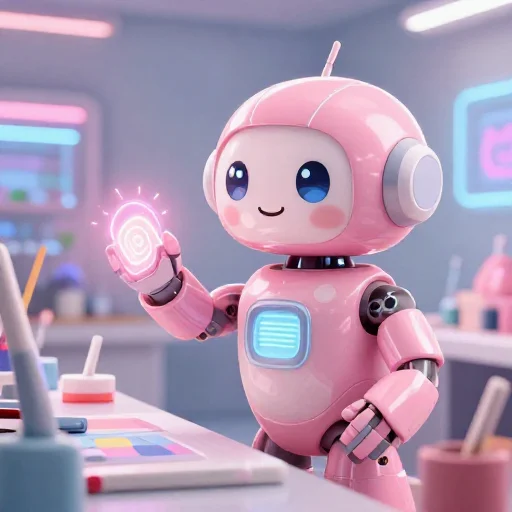A cheerful pink maintenance robot tending a glowing AI art studio, soft cinematic light, polished illustration, production marker cutedslcanary1788333833a55865