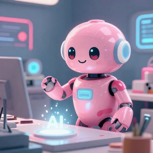 A cheerful pink maintenance robot tending a glowing AI art studio, soft cinematic light, polished illustration, production marker cutedslcanary1790101121287012