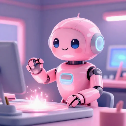 A cheerful pink maintenance robot tending a glowing AI art studio, soft cinematic light, polished illustration, production marker cutedslcanary1787635859bc2a58