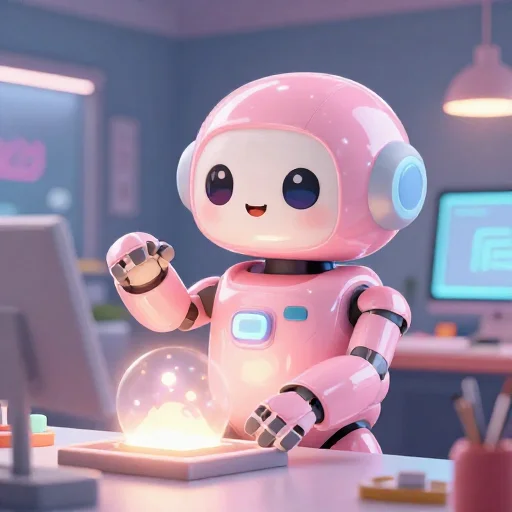 A cheerful pink maintenance robot tending a glowing AI art studio, soft cinematic light, polished illustration, production marker cutedslcanary178752251552b025
