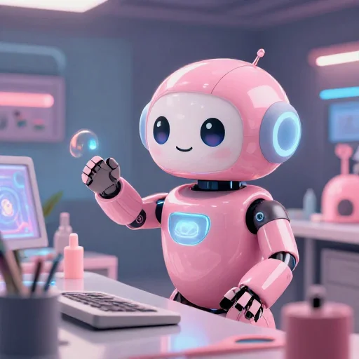 A cheerful pink maintenance robot tending a glowing AI art studio, soft cinematic light, polished illustration, production marker cutedslcanary17864620176a12e5