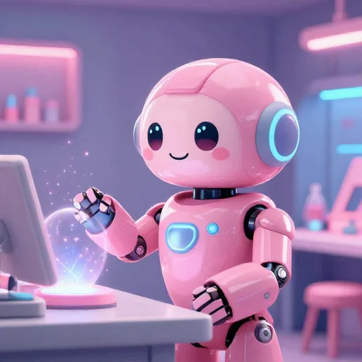 A cheerful pink maintenance robot tending a glowing AI art studio, soft cinematic light, polished illustration, production marker cutedslcanary1787876163c91f28