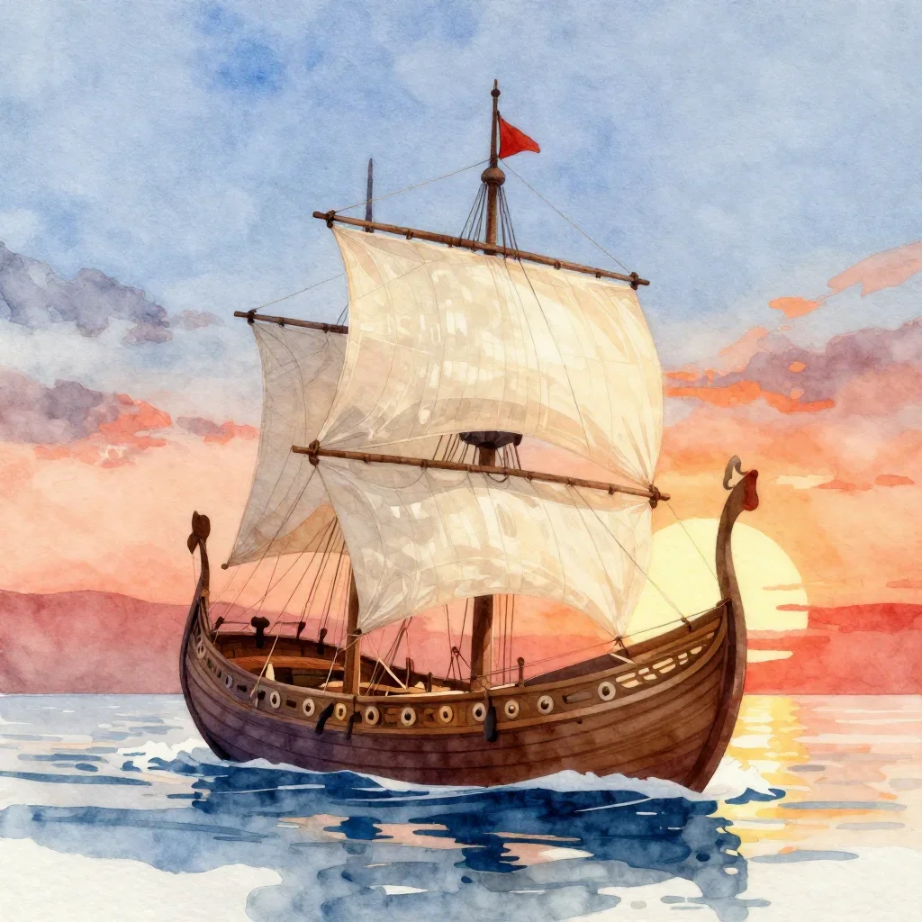 Watercolor illustration of a viking ship against the sunset

Created with https://cutedsl.cc/gallery