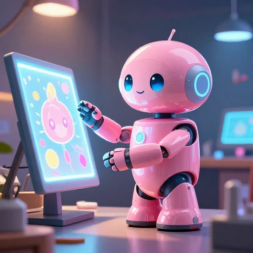 A cheerful pink maintenance robot tending a glowing AI art studio, soft cinematic light, polished illustration, production marker cutedslcanary178602512333c16b