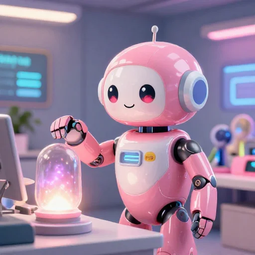 A cheerful pink maintenance robot tending a glowing AI art studio, soft cinematic light, polished illustration, production marker cutedslcanary178863866673f306