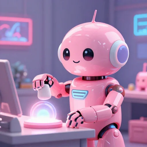 A cheerful pink maintenance robot tending a glowing AI art studio, soft cinematic light, polished illustration, production marker cutedslcanary1791112154e9d67b